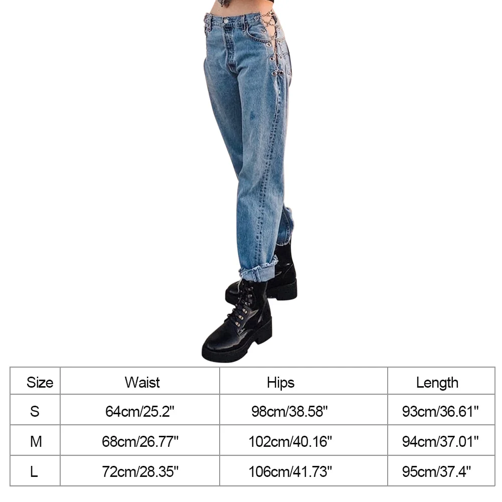 

Vintage harajuku high waist hollow out Women Jeans Chain design Slim Jeans woman 2021 leisure streetwear Female straight pants