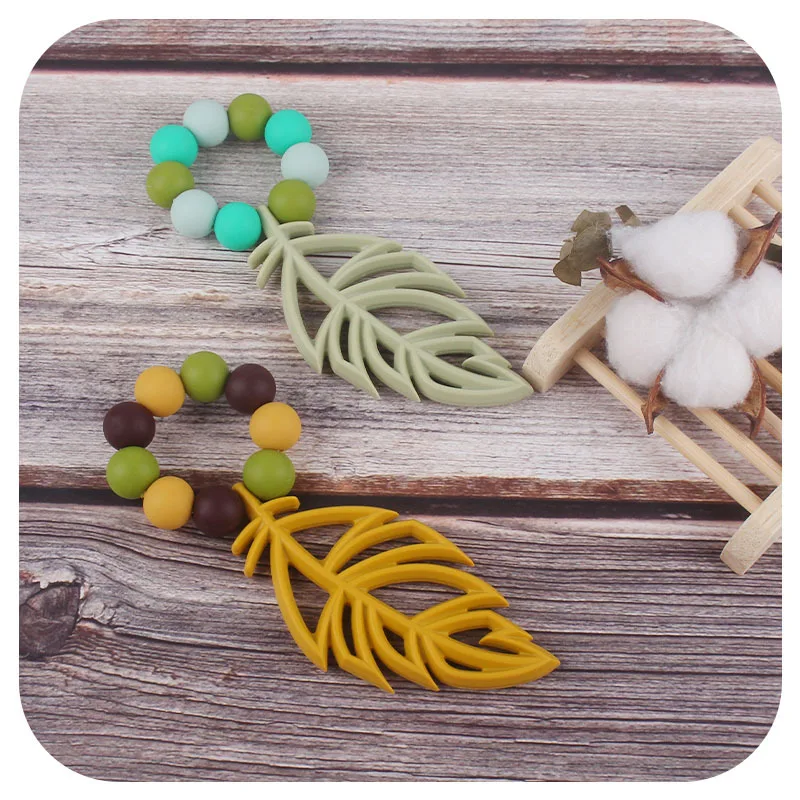 Coskiss-pulsera con colgante de hoja de silicona para reci&eacute;n nacido, brazalete con cuentas redondas de silicona de 15MM, para dentici&oacute;n de beb&eacute;-4