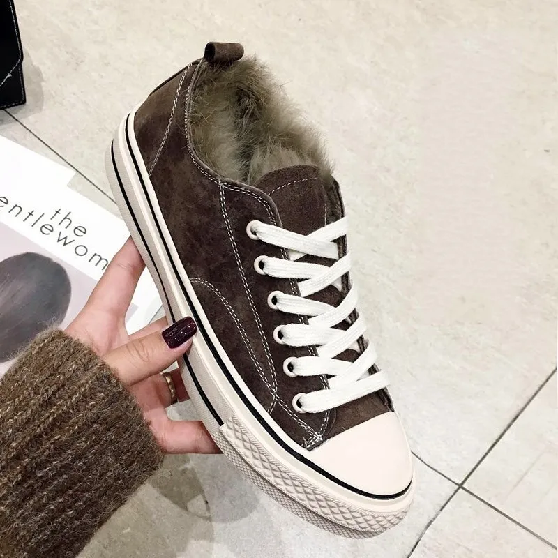 Women Flats Casual Shoe Winter Fleece Lining Warm Shoes Preppy Style Fur Canvas Shoes Streetwear Chaussures Femme Girls Footwear