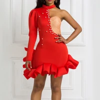 sexy halter party dress women summer irregular shoulder hollow out beaded ruffled bodycon mini dress red plus size vestidos