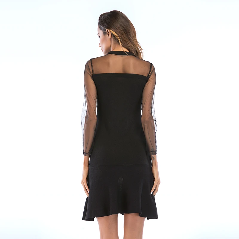 

Sprin Streetwear Sexy Lace Patchwork Beading Short Dress Casual 2021 Lace Long Sleeve Vingtage Black Knitted Dress Ruffles Robe