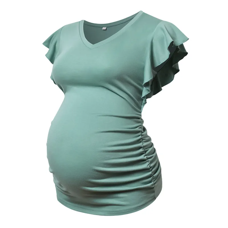 Maternity T-shirt Summer Pregnancy Women Tunic Tops Soft Tees Flying Sleeve Side Ruched T Shirts Cute Pregnant Clothes