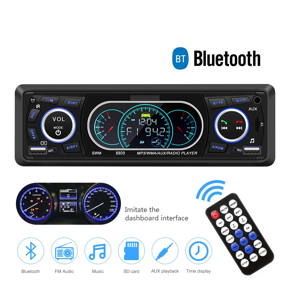 

AOSHIKE 1-Din Bluetooth Car Audio Stereo MP3 Radio Player Support USB TF AUX FM Receiver with Remote Control & USB Multiple EQ
