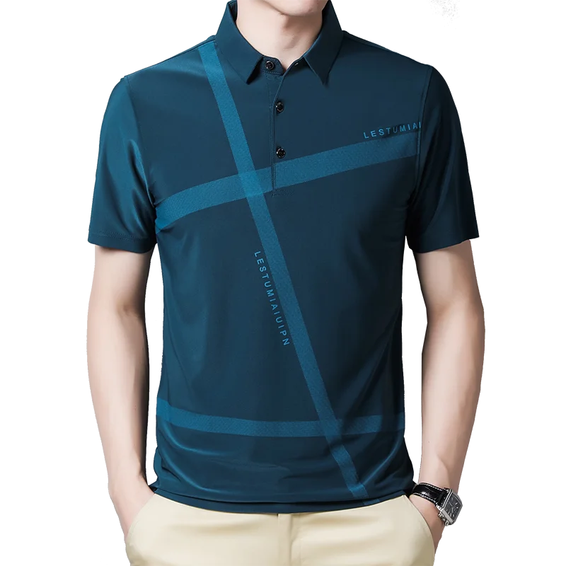 

BROWON Summer Tee Shirt Men New Casual Anti-wrinkle Slim Fit Turn-down Collar Tshirt Thin Breatbable Geometric Graphic T Shirts