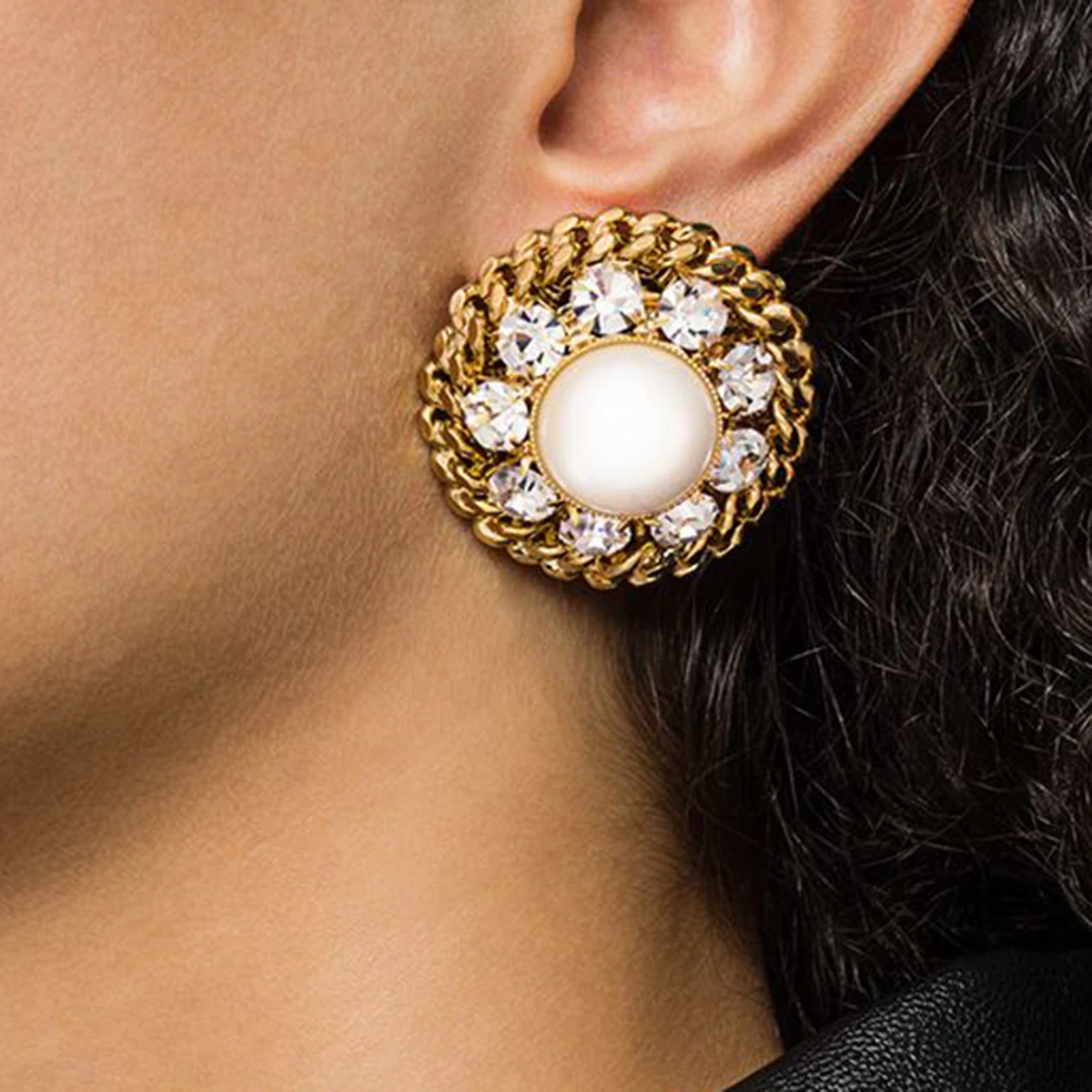 

Fashionable and Simple Metal Hollow Flat Chain Imitation Pearl Big Earrings Women's Elegant Popular Holiday Jewelry Accessories