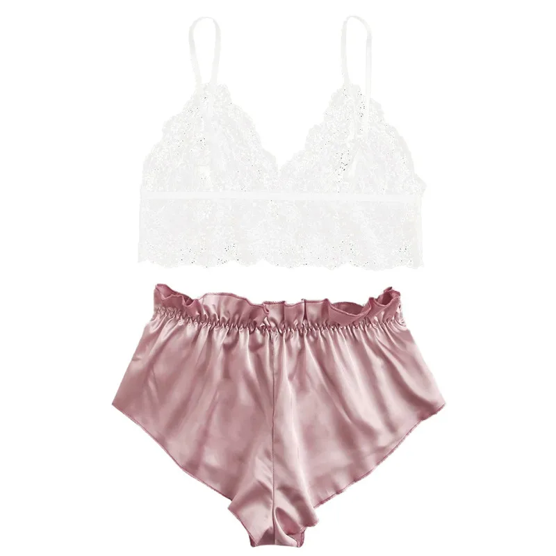 

Women Fashion Lace Pajamas Set Female Pink Sleeveless Spaghetti Strap Sling Top vest+ Shorts Soft Casual Home Wear Sleepwear