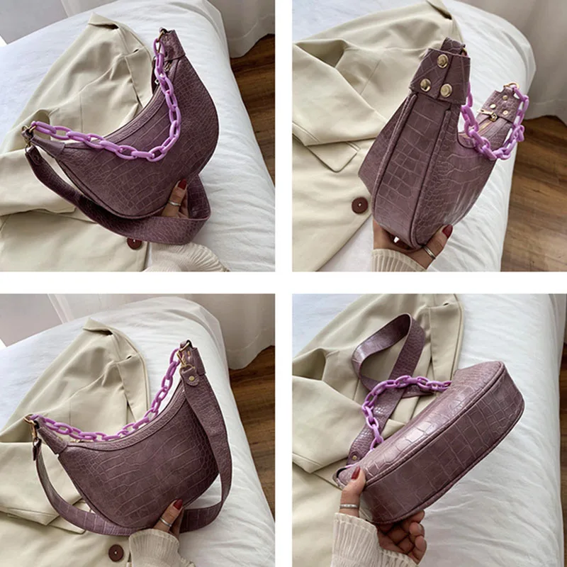 

Fashion PU Leather Crossbody Bag Women Retro Stone Pattern Baguette Bag Casual Chains Handbags Advanced French Shoulder Bag