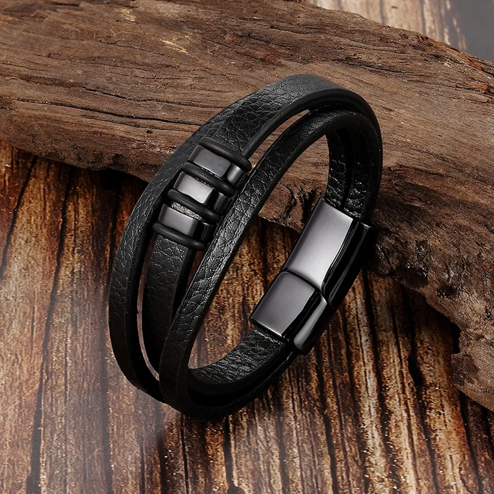 Модный мужской браслет из натуральной кожи многослойный дизайн браслеты