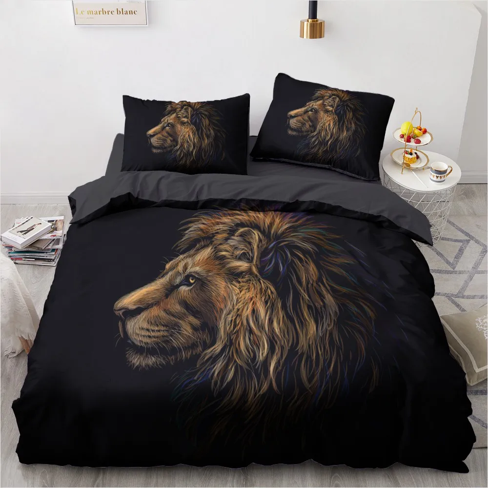 

Lion Duvet Cover Sets Black Linens Bed 3D Custom Design Pillow Cases Full King Queen Super King Double Size Animal Beddings