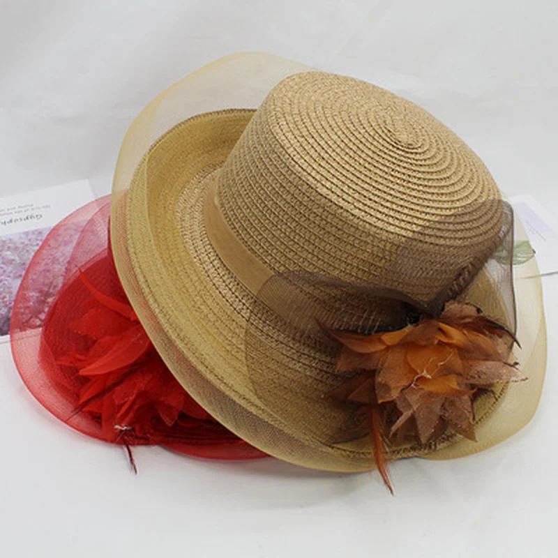 

sun hats women solid elegant flat top summer straw hats big brim red khaki white flower net yarn sun protection casual sun hats