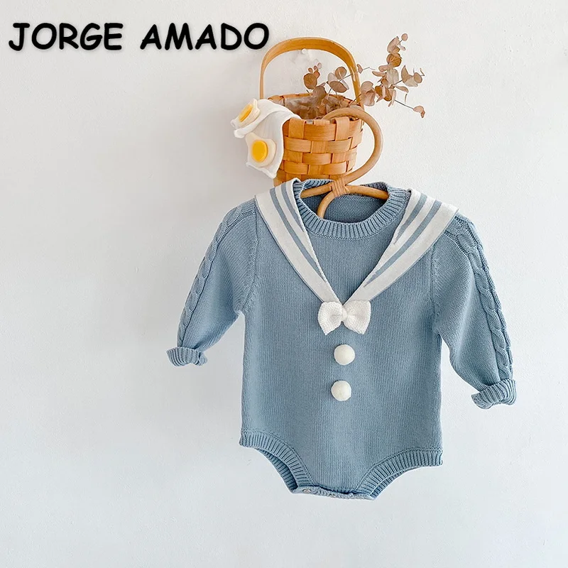 2021 nuevo oto&ntilde;o Body para beb&eacute; de manga larga de cuello marinero de lana azul mono Estilo Dulce reci&eacute;n nacido Ropa E020-0