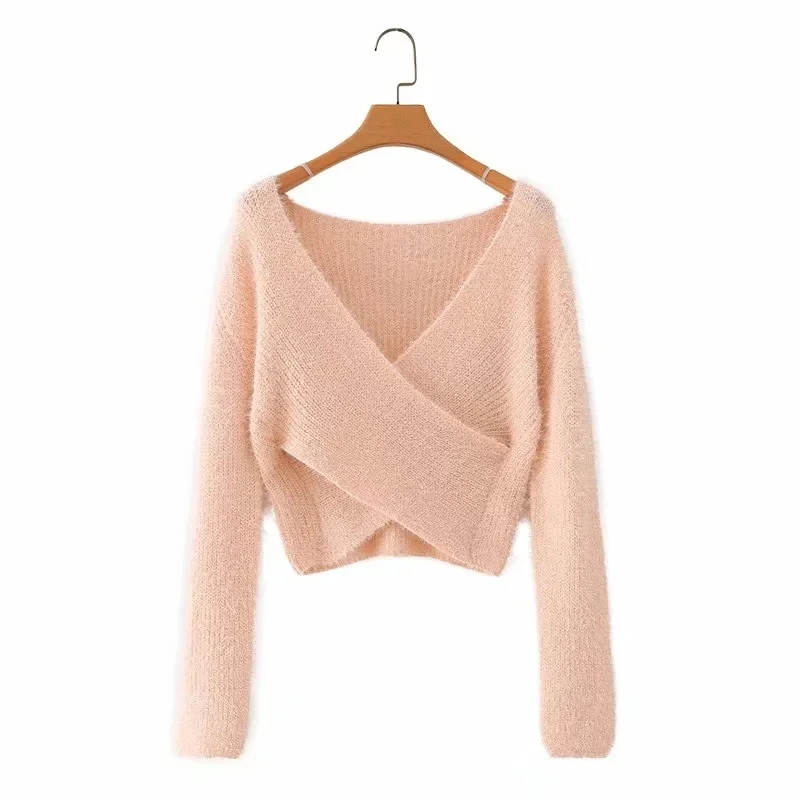 

Aproms Pink Fluffy Knitted Sweater Women Autumn Winter V-neck Wrap Front Basic Cropped Pullovers Fashion Outerwear Jumper 2020