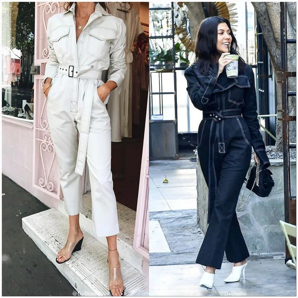 Сексуальный джинсовый комбинезон женский с длинным рукавом и поясом