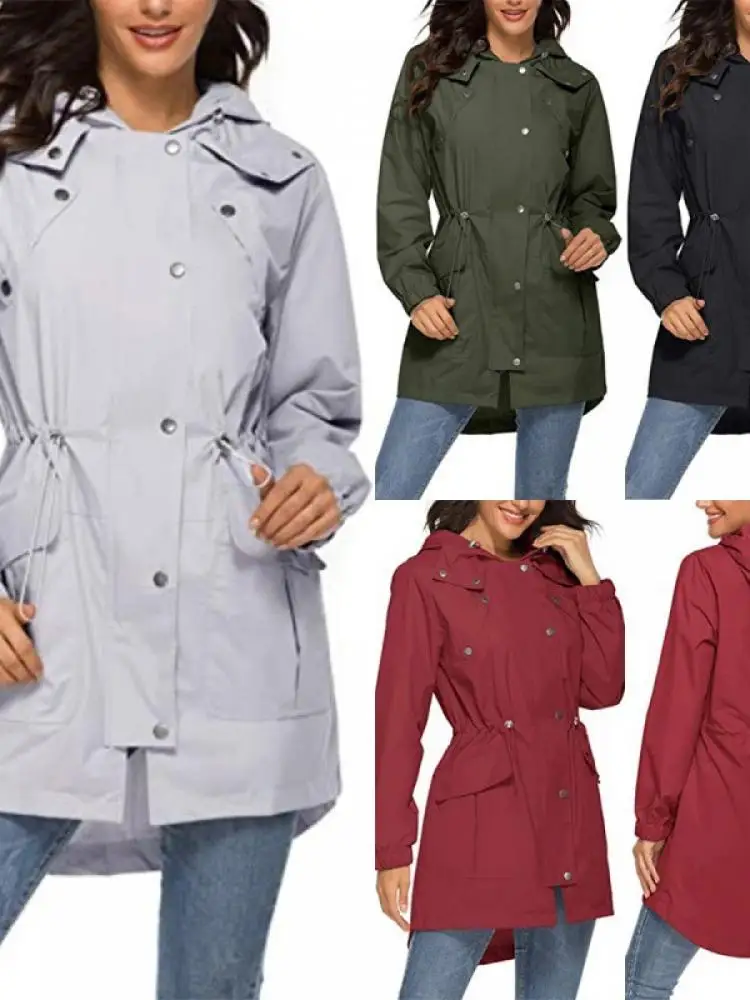 

Новый стиль женская уличная походная водонепроницаемая одежда с капюшоном досуг походный дождевик средней длины ветровка куртка