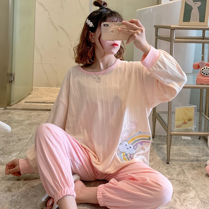 

Пижама женская весенне-осенняя, хлопковая, с длинным рукавом, бежевая, новинка 2021, популярный в Интернете, домашний костюм большого размера ...