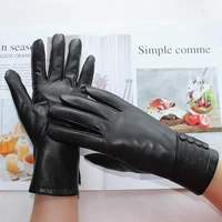 new womens black leather gloves fashion short fake rabbit fur lining buttons style sheepskin gloves to keep warm in winter
