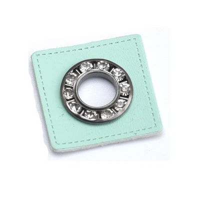 

30pcs/lot 27mm square Mint/Pink PU leather sew on Badges patch + 17mm metal brass glass rhinestone grommets eyelets 9mm hole