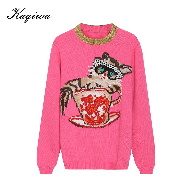 2020 autumn Jumper sueter mujer Runway Design Knitted Pullover Fashion Cat Dragon Jacquard Winter Women Pink Sweater B-015 | Женская