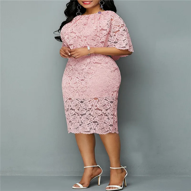 5XL 6XL женское летнее осеннее платье элегантное розовое кружевное женские