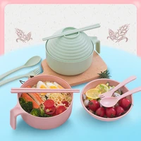 wheat straw tableware bowl lid large capacity instant noodle bowl household round bowl fork spoon chopsticks gift dinnerware set