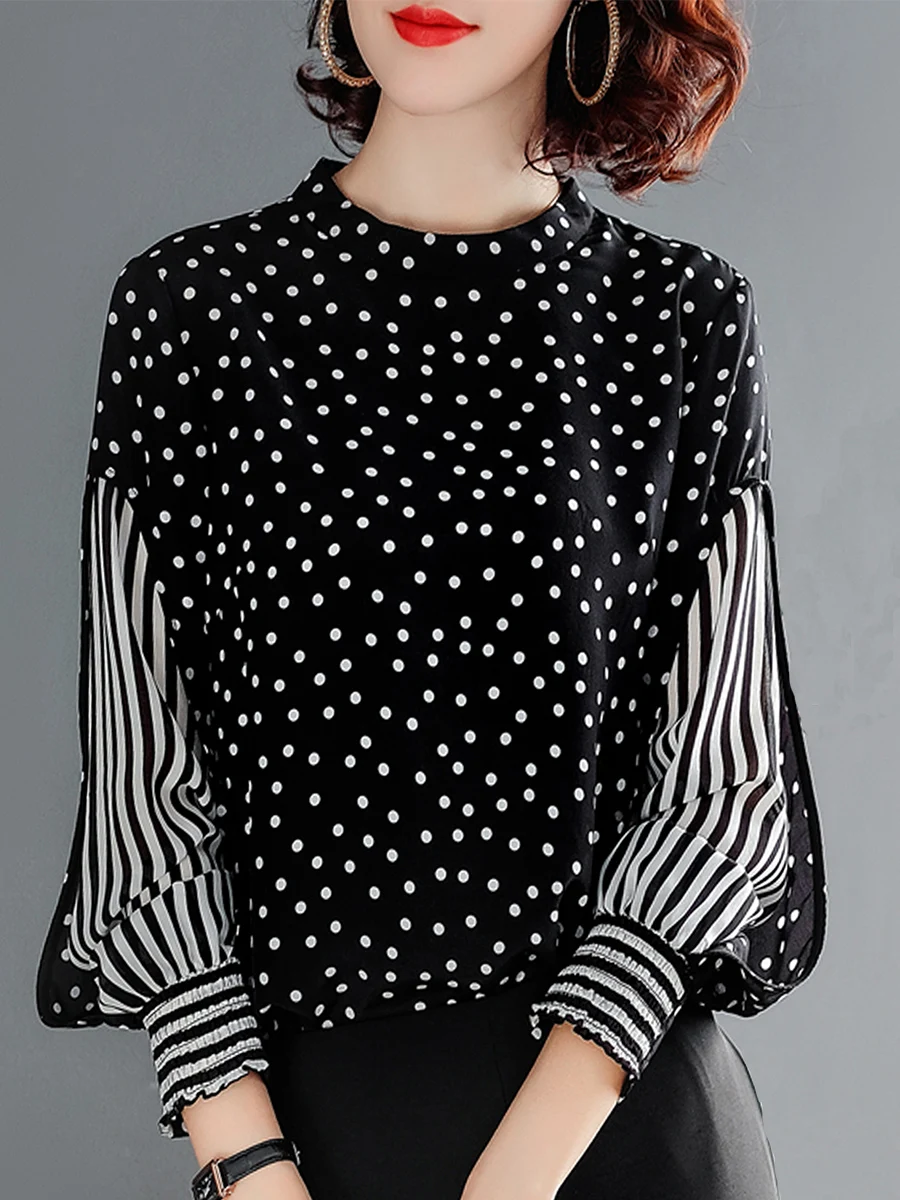 Женская шифоновая рубашка с газовыми волнами и полосатыми рукавами свободная