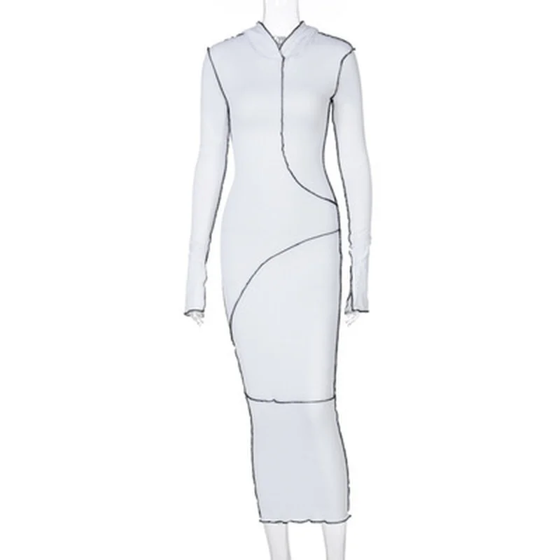 

Hugcitar 2020 Long Sleeve Hooded Patchwork Skinny Maxi Dress Autumn Winter Women Fashion Streetwear Casual Outfits