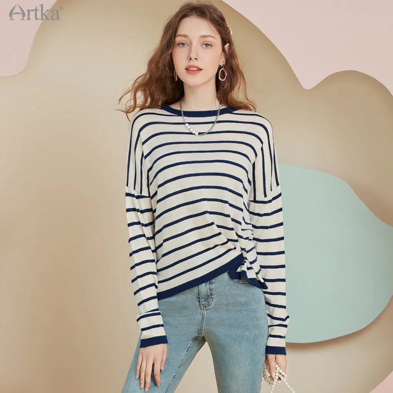 

ARTKA 2022 Early Spring New Fashion Casual Stripe Wool Knitwears O-Neck Pullover Long Sleeve Loose Knitwear Women YB29021C