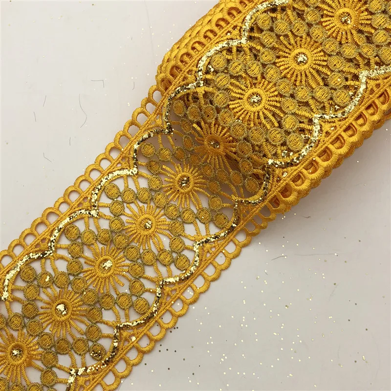 10 ярдов винтажная Золотая желтая и ярко-розовая вышитая кружевная ткань с