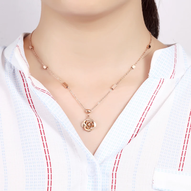 hot classic beautiful bloom flower pendant necklace top quality stainless steel rose gold color brand necklace jewelry for women free global shipping