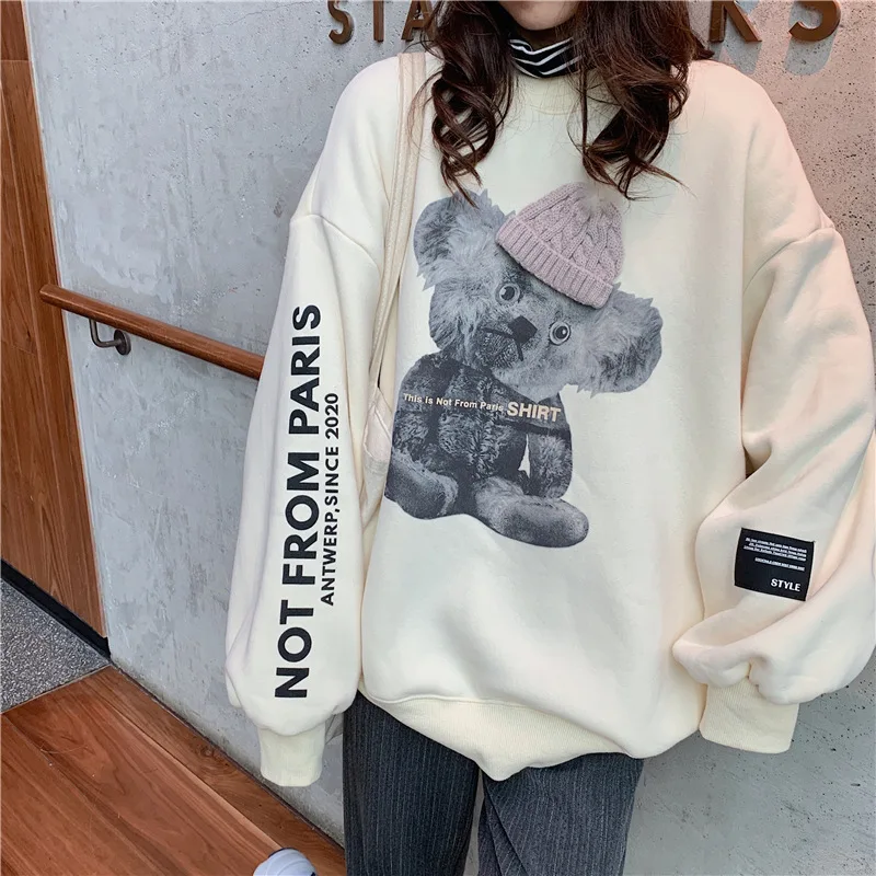 

SWEETKAMAAutumn Winter New Print Loose Korean Small Fresh Long-sleeved Shirt Pullover Round Neck Bear Sweatshirt