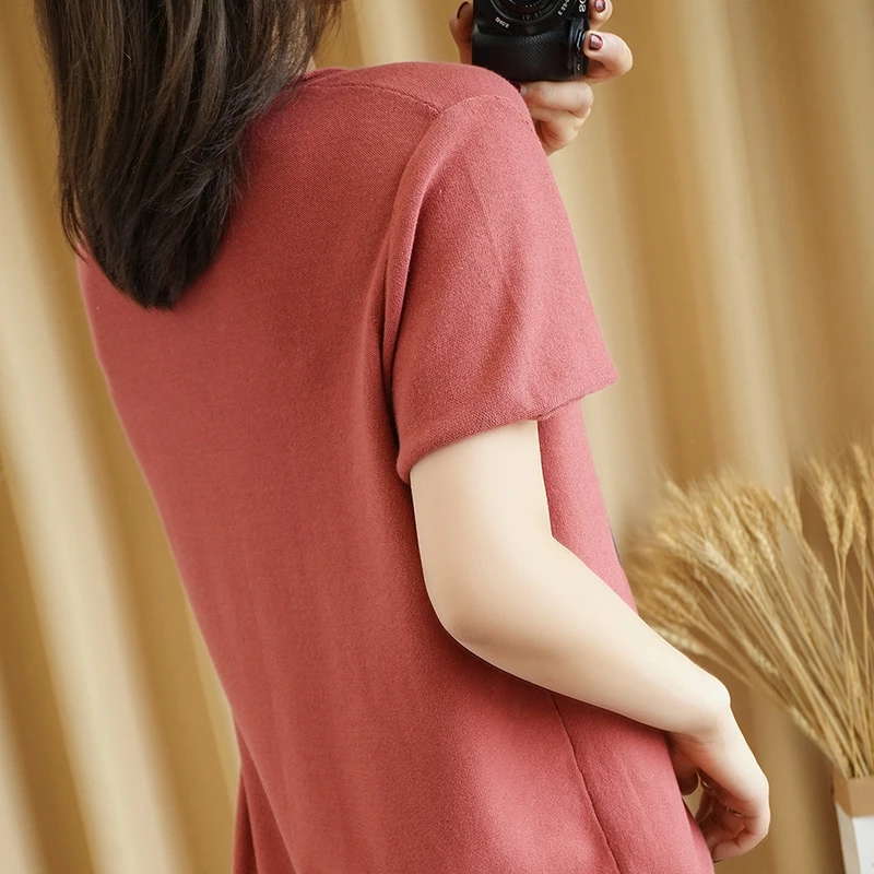

100% Pure Cotton Thread Short-Sleeved Knitted T-Shirt Women V-Neck Pullover Loose Blouse Printing Half-Sleeved Cotton Top Women