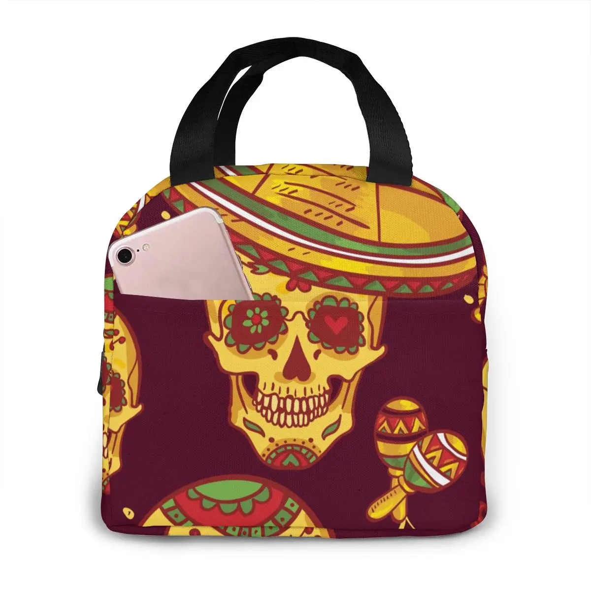 

Cinco De Mayo Skull In Sombrero Day Of The Dead Cooler Bag Portable Zipper Thermal Lunch Bag Convenient Lunch Box Tote Food Bag