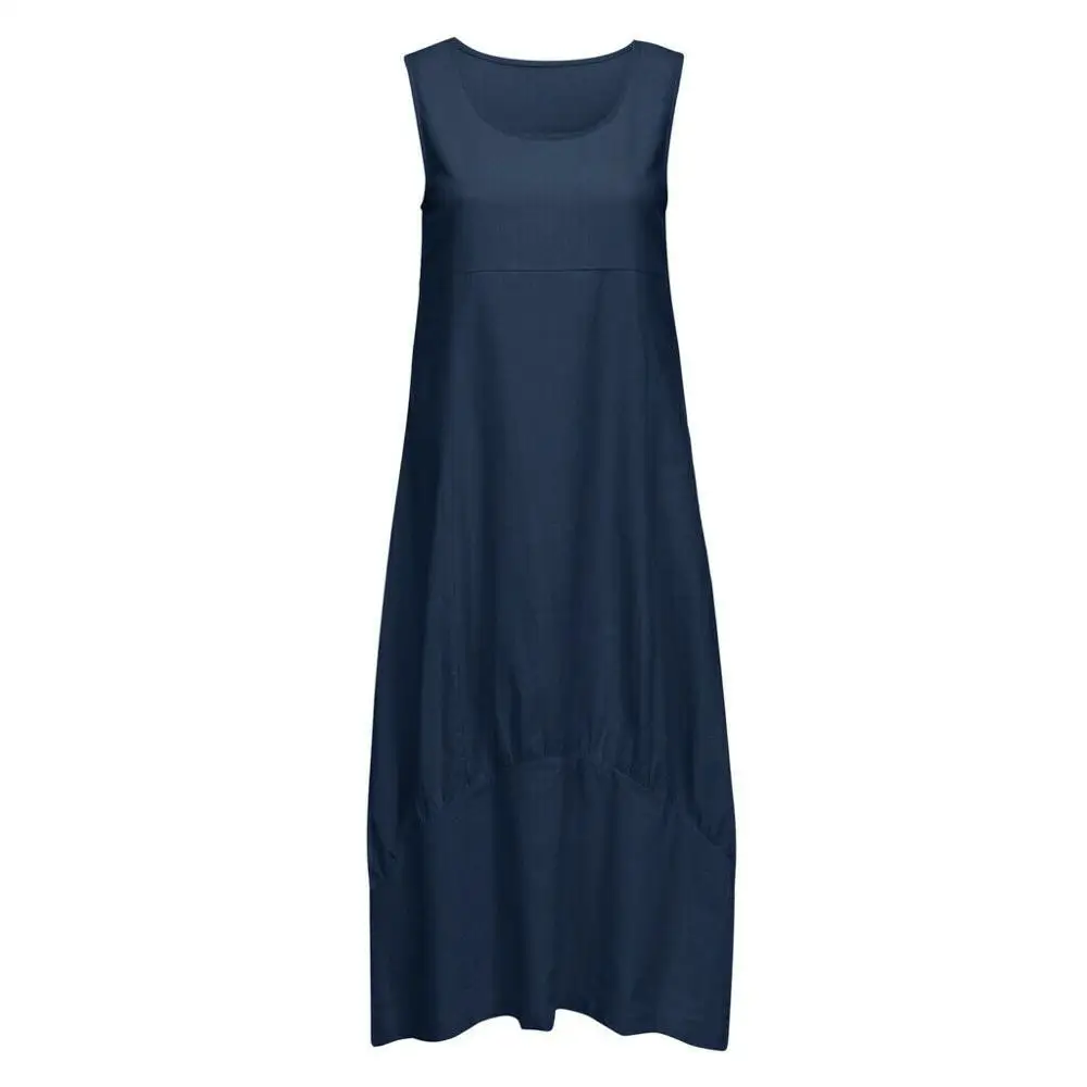

Women Casual O-neckline Bubble Hem Solid Sleeveless Loose Dress With Pocket