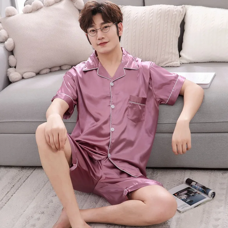 2020 Summer Short Sleeve Silk Satin Pajama Sets for Men Soft Sleepwear Suit Male Lounge Wear Homewear Pijama Hombre Home Clothes | Мужская