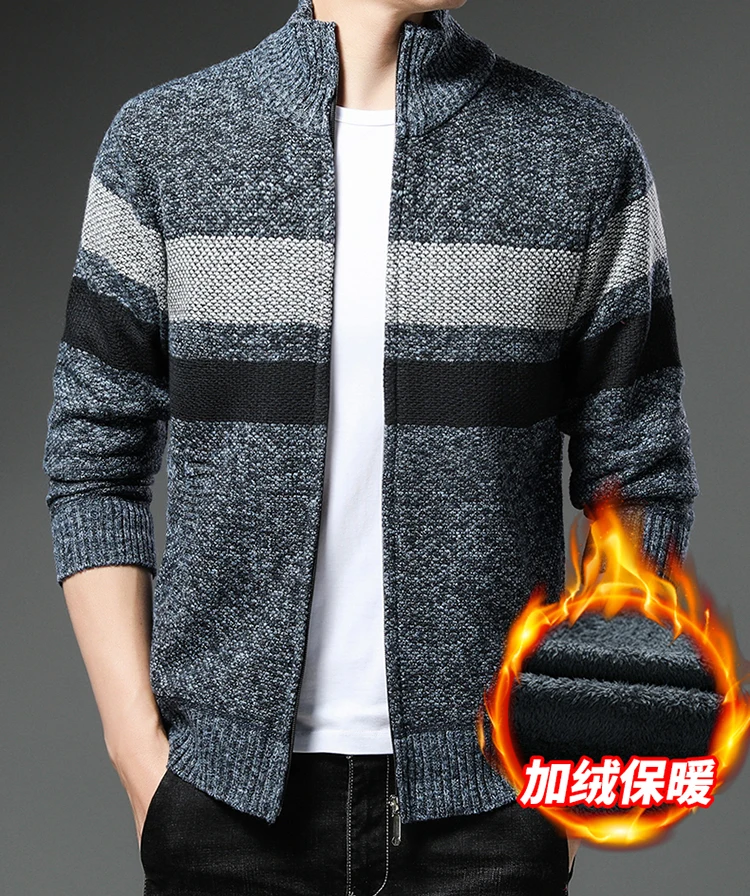 Knit Sweater Men's Jumper New Coat Autumn/winter Red Fleece Warm Wool Cardigan Stand Collar Y2K Zipper Striped Jacket