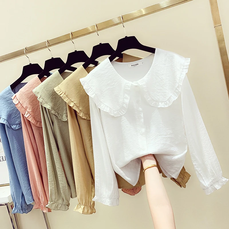 

2020 Women Blouse Peter Pant Collar Shirt Tops solid chiffon spring autumn Button Long Sleeve Loose Female Work Blouses