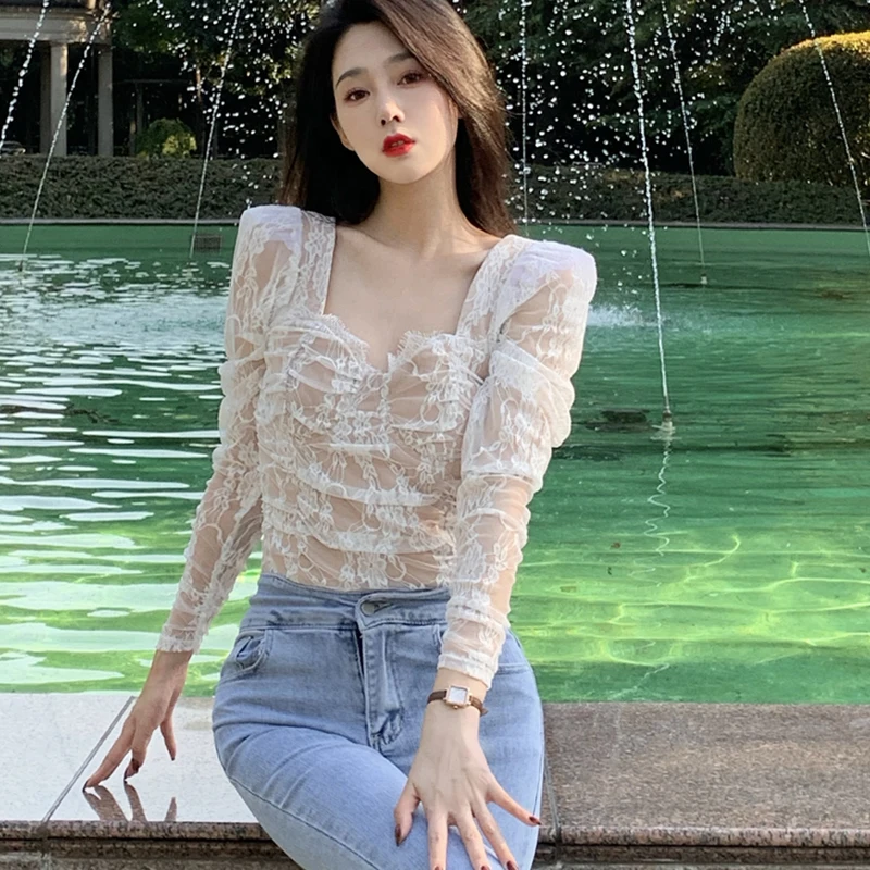 

Autumn and winter bottoming shirt fold square collar backless solid color lace shirt top inside.