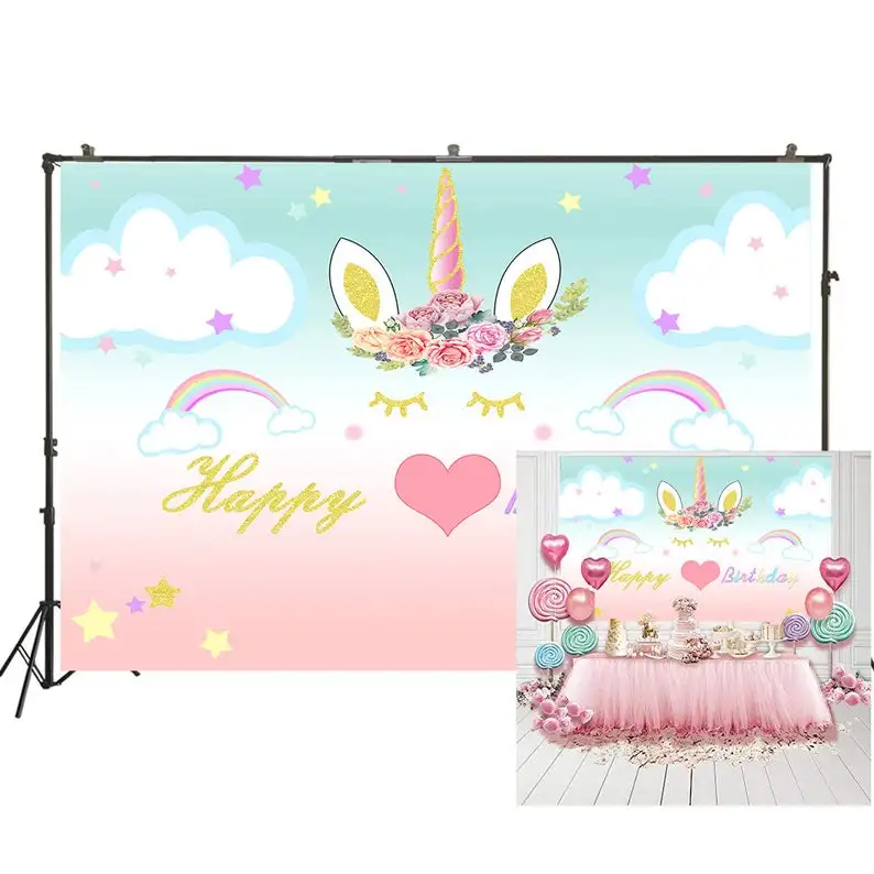 

HUAYI Photography Backdrop Birthday Party Baby Shower Child Photo Background Unicorn Desserts Cake Table Decor Photo dropsW-1998