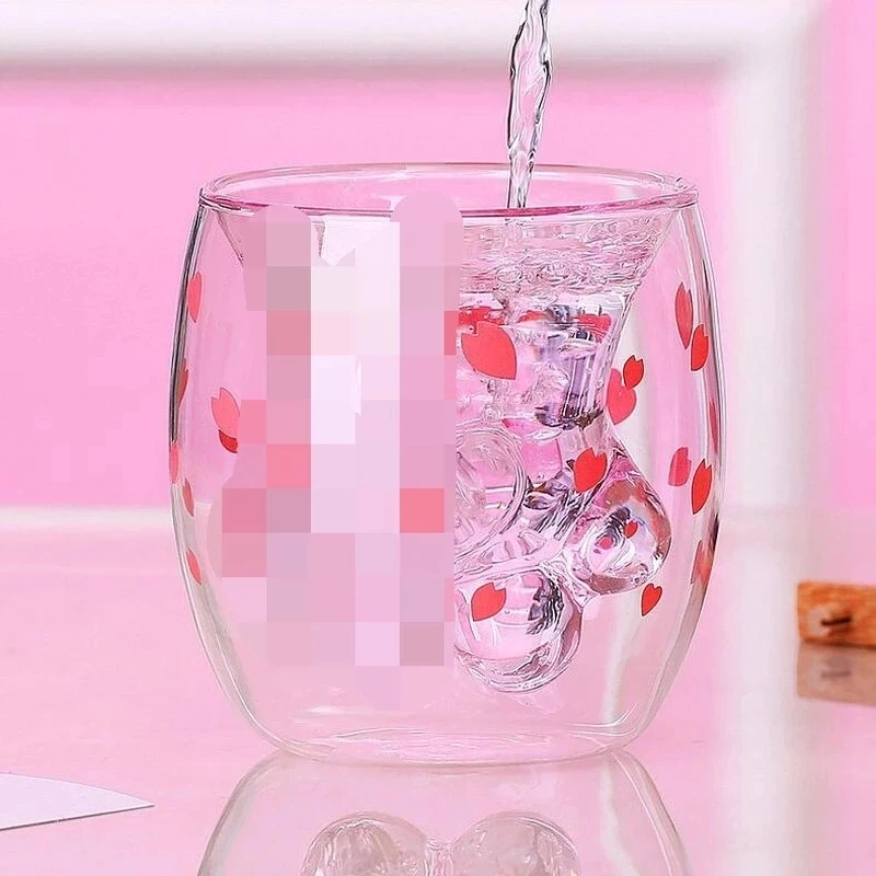 

Cat Claw/Paw Cup Double Glass Coffee Mug Cartoon Cute Milk Juice Home Office Cafe Cherry Pink Transparent Double Glass Paw Cup