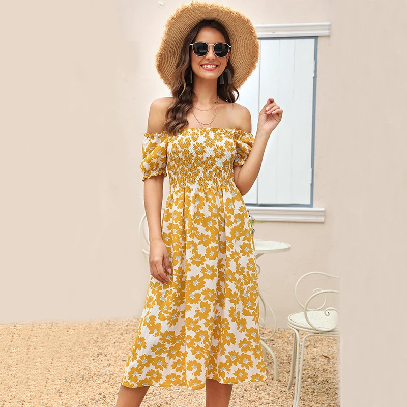 Вечерние платья с открытыми плечами для женщин бохо платье Цветочный принт