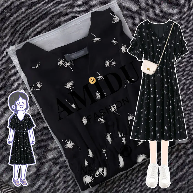 

2021 summer Chiffon dress women new floral lotus leaf sleeve mid-length dress vintage waist temperament all-match A-line skirt