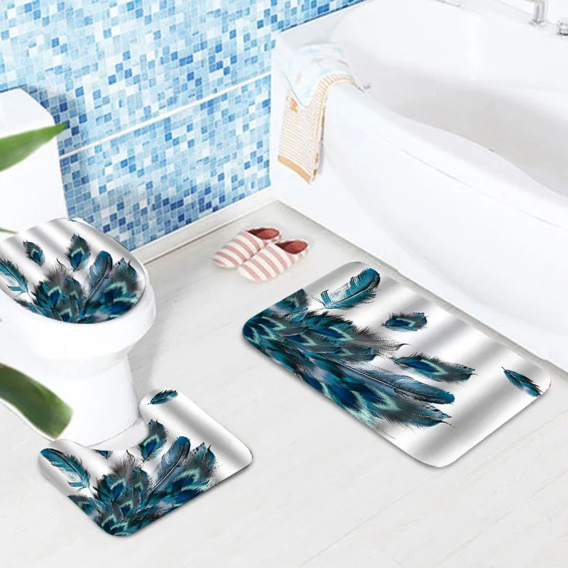 

4 Pcs Peacock Feathers Waterproof Bathroom Shower Curtain Toilet Cover Mat Non-Slip Floor Mat Rug Bathroom Set with 12 Hooks