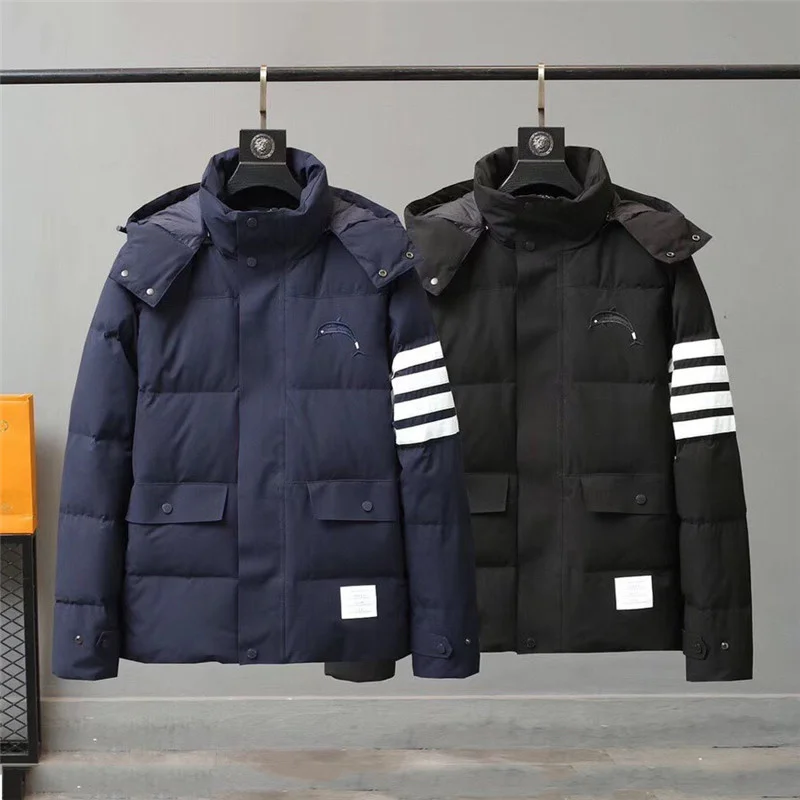

2021 Fashion Brand Men Down Coats Loose Hooded Down Jacket Windproof Striped Solid Thick Casual Winter Clothing Male