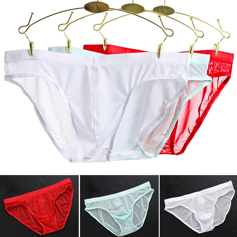 Men's Sexy Underwear Ultrathin Tulle Netting Transparent Elastic Lingerie Briefs Underpants Panties Black Red White One Size