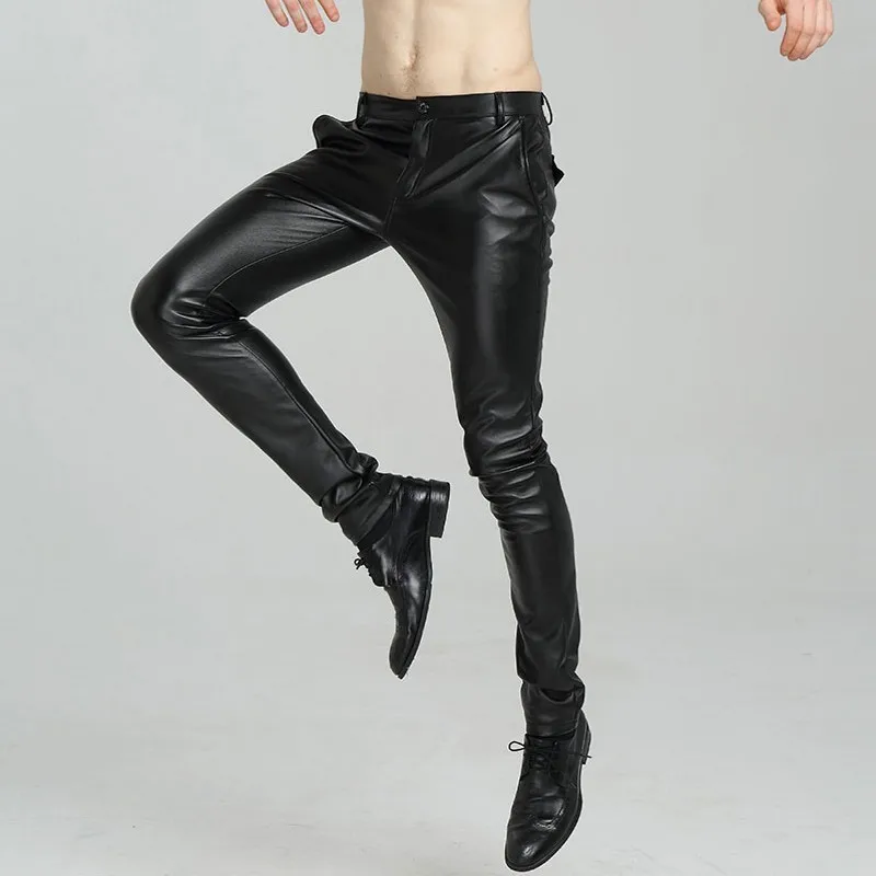 

New Arrival Casual Menswear Fashion Solid PU Leather Man Motorcycle Trousers Korean Slim Fit Skinny Pants Plus Size