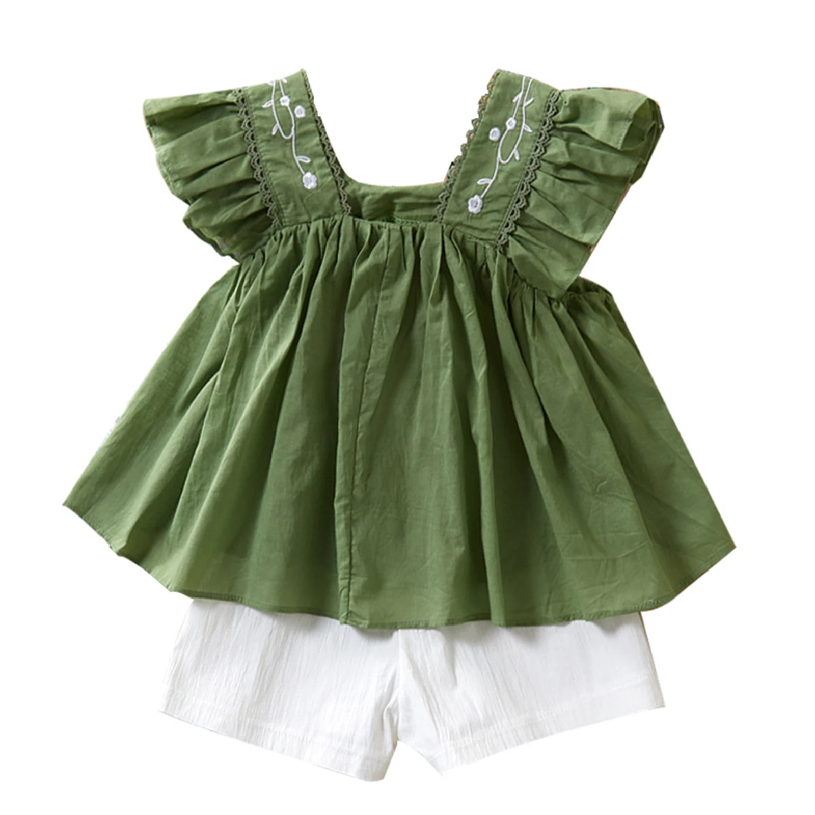 

WenaZao Kids Baby Girls Spring Summer Fashion 2-Piece Outfit Set Green O Neck Pullover Loose Tops And White Elastic Waist Shorts