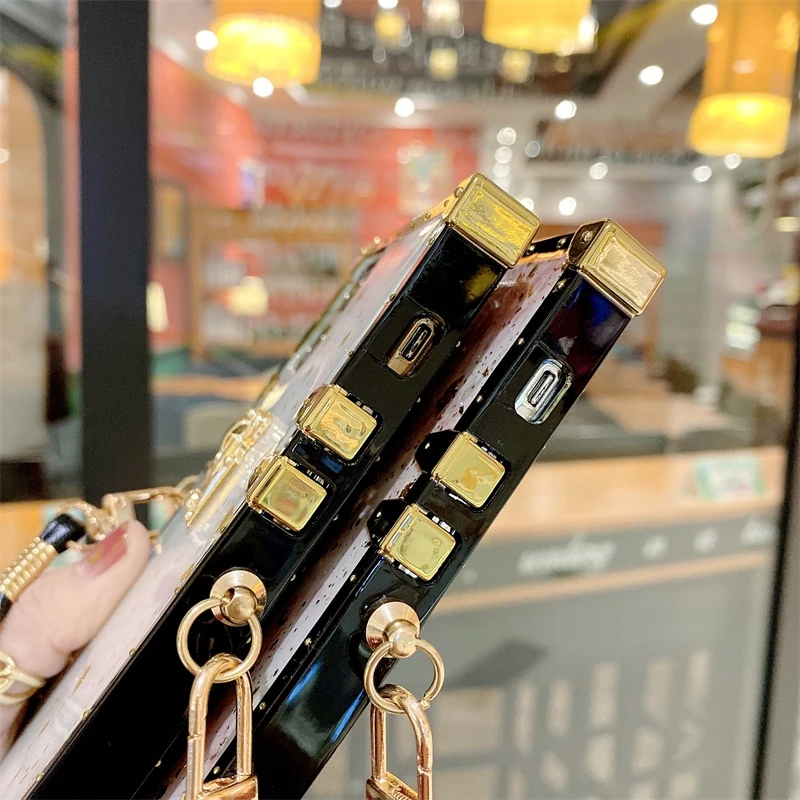 

Phone case For iPhone 12mini 11Pro Max XR XS SE 7 8 Plus SEGold Foil Glitter Marble Square cases Crossbody Lanyard Strap cover