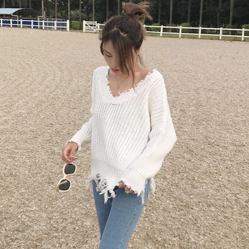 Autumn Winter Women Tassel Deep-V Knitted Pullover Female White Long Sleeve Knit Crochet Sweaters Cropped Jumper Pull Top | Женская
