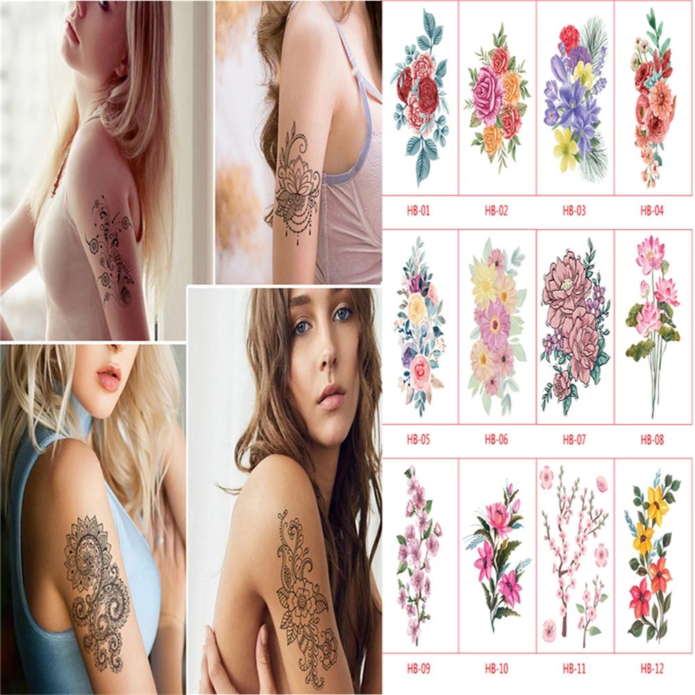 12 Pcs Woman Waterproof Temporary Tattoos Temporary Tattoo On The Body Fake Tattoo Sticker Sexy Flower Rose Tatuajes Temporales