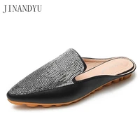 crystal ladies mules shoes summer slippers women leather pointed toe flat slippers for women comfortable black white shoes woman